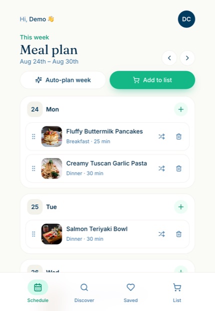 Pocket Chef's meal plan on a phone: a week of dated day cards holding recipe rows with thumbnail, meal type and cooking time, each with a drag handle, swap and delete control.